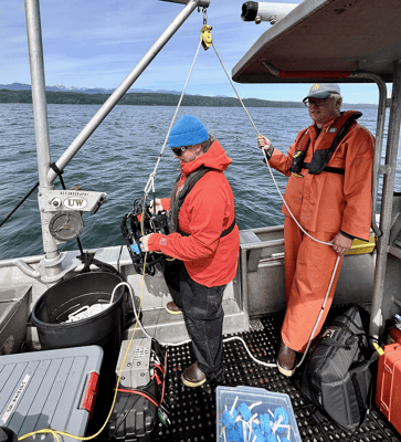 NOAA scientists prepare Ascension for deployment off a small fishing boat in the Pacific Northwest 