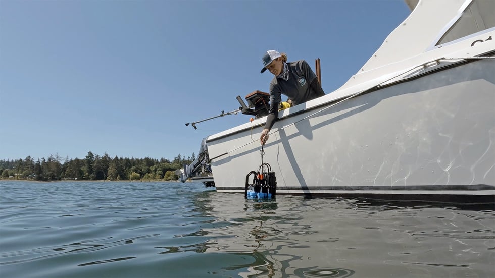 Marine scientist lowering a depth sampling instrument over the side of a small boat to collect microplastics and environmental DNA