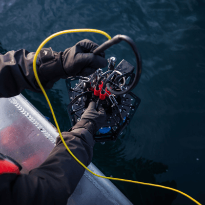 Close up shot from above of Ascension eDNA lowered into the ocean by hand