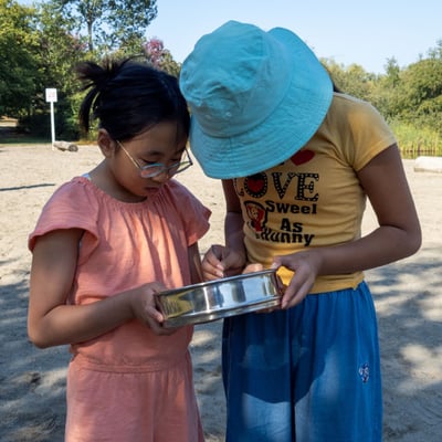 Two children look at microplastics in a sieve on the beach